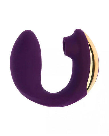 Share Satisfaction Sutra in purple silicone with a gold accent, featuring a curved design for ergonomic use.