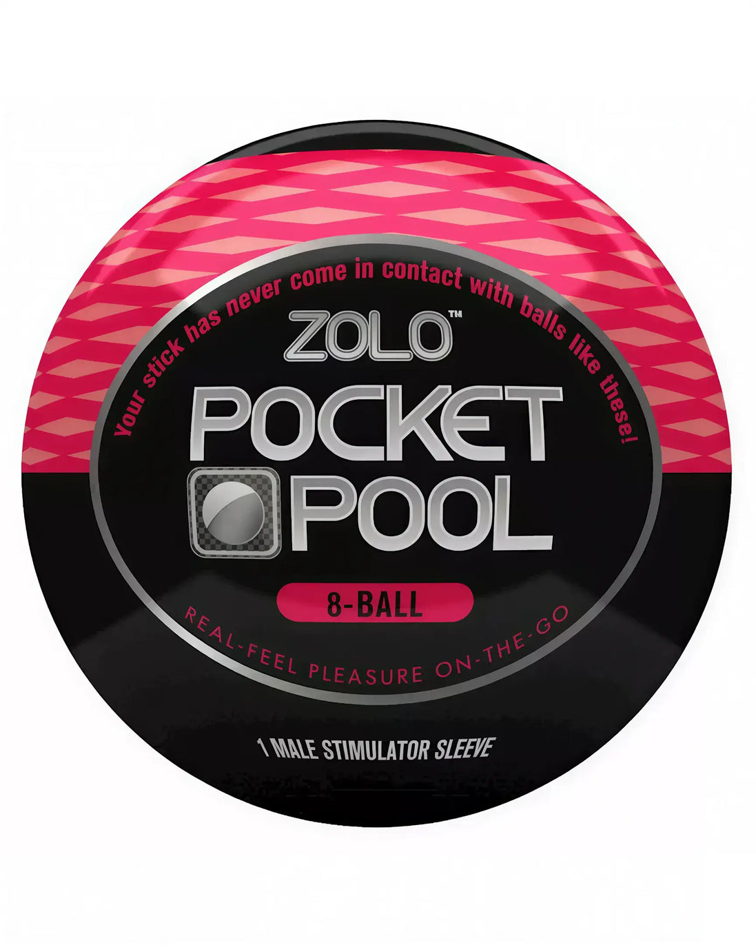 Zolo Pocket Pool 8 Ball male stimulator sleeve with a black and pink design, featuring a textured surface.