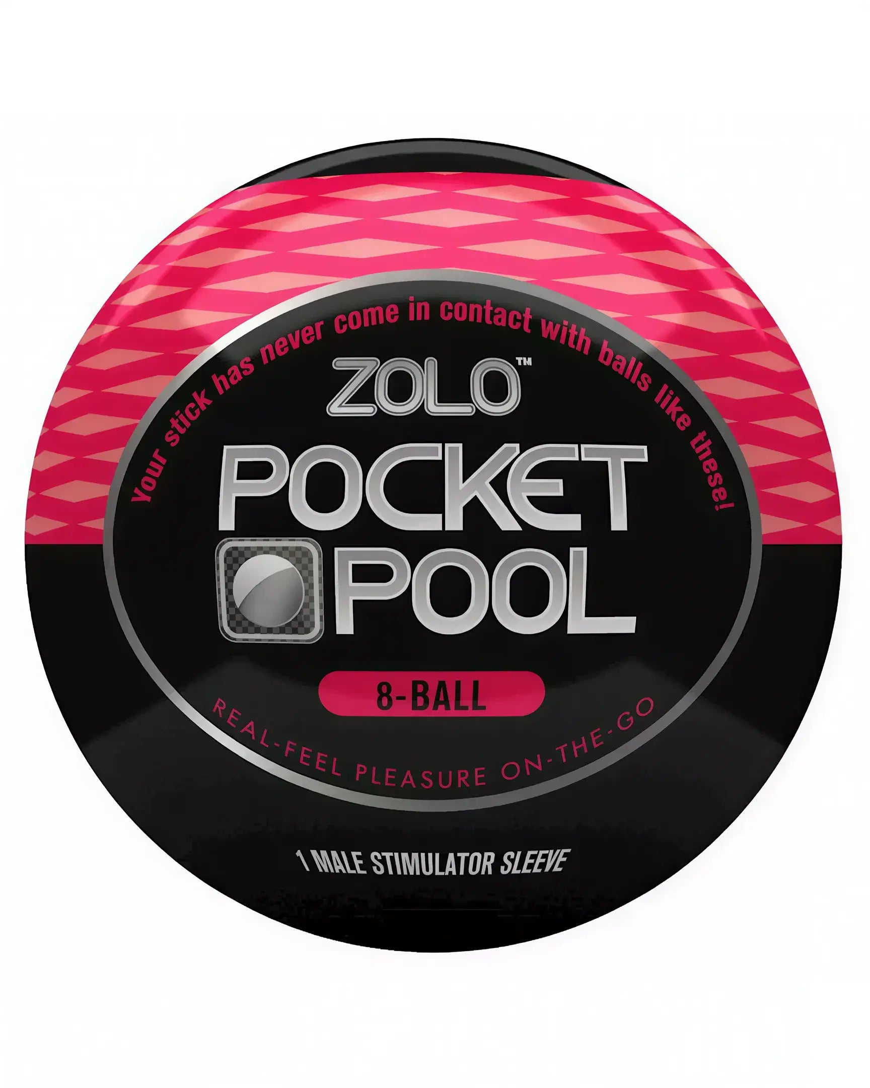 Zolo Pocket Pool 8 Ball male stimulator sleeve with a black and pink design, featuring a textured surface.