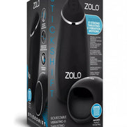 Zolo Stickshift masturbator in a black box featuring product details and images of the device and accessories.
