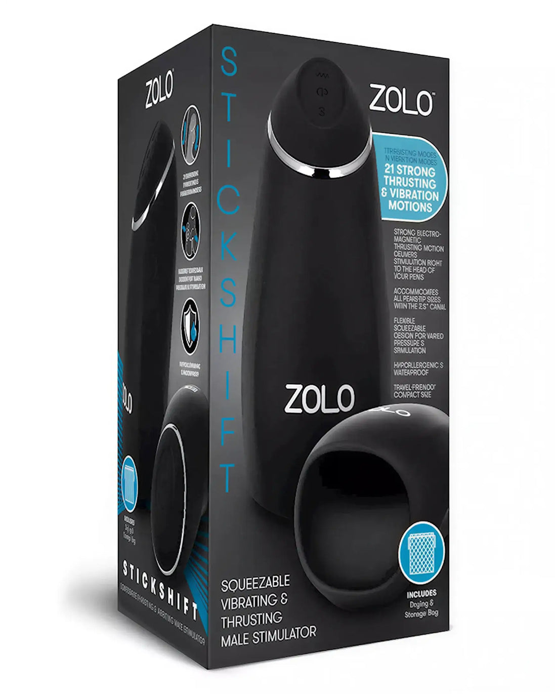 Zolo Stickshift masturbator in a black box featuring product details and images of the device and accessories.