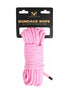 Pink 5 metre luxury bondage rope with a metal head, coiled and displayed on a black backing card.