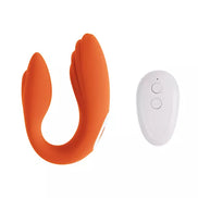 Orange remote-controlled couples vibrator with a sleek design and a white control panel.