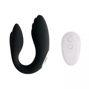 Black remote-controlled couples vibrator with a sleek design and a white control panel.