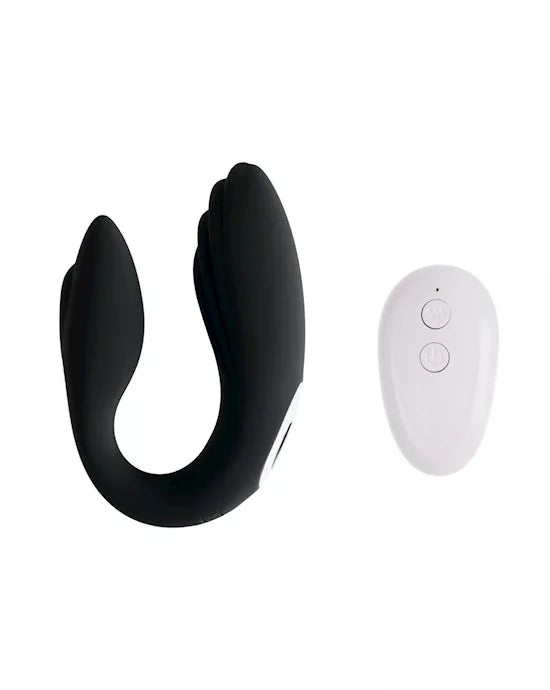 Black remote-controlled couples vibrator with a sleek design and a white control panel.