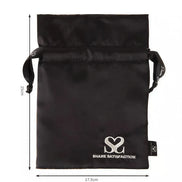 Black satin bag with silver thread logo, featuring a drawstring closure and dimensions of 17.5 cm by 25 cm.