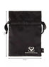 Black satin bag with silver thread logo, featuring a drawstring closure and dimensions of 17.5 cm by 25 cm.