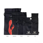 Share Satisfaction satin bags in black with silver thread, featuring various sizes and a red design on the largest bag.