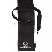 Satin bag in black with silver thread detailing, featuring a drawstring closure and logo. Dimensions: 32cm x 10cm.