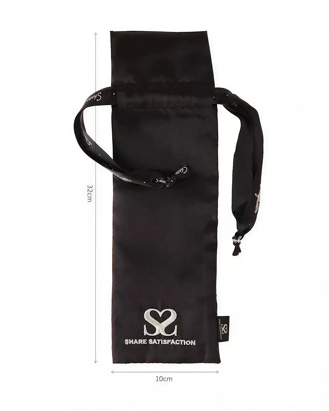 Satin bag in black with silver thread detailing, featuring a drawstring closure and logo. Dimensions: 32cm x 10cm.