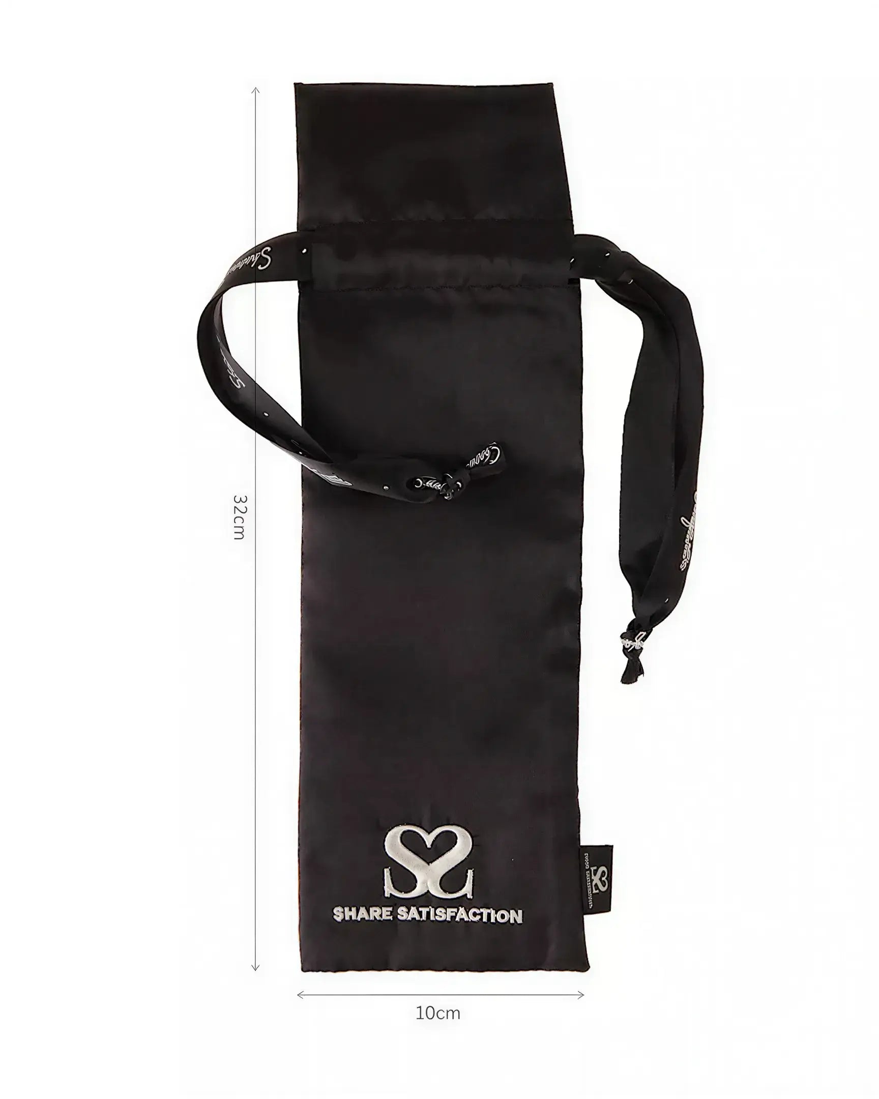 Satin bag in black with silver thread detailing, featuring a drawstring closure and logo. Dimensions: 32cm x 10cm.