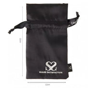 Black satin bag with silver thread logo, featuring a drawstring closure and dimensions of 22cm by 12cm.