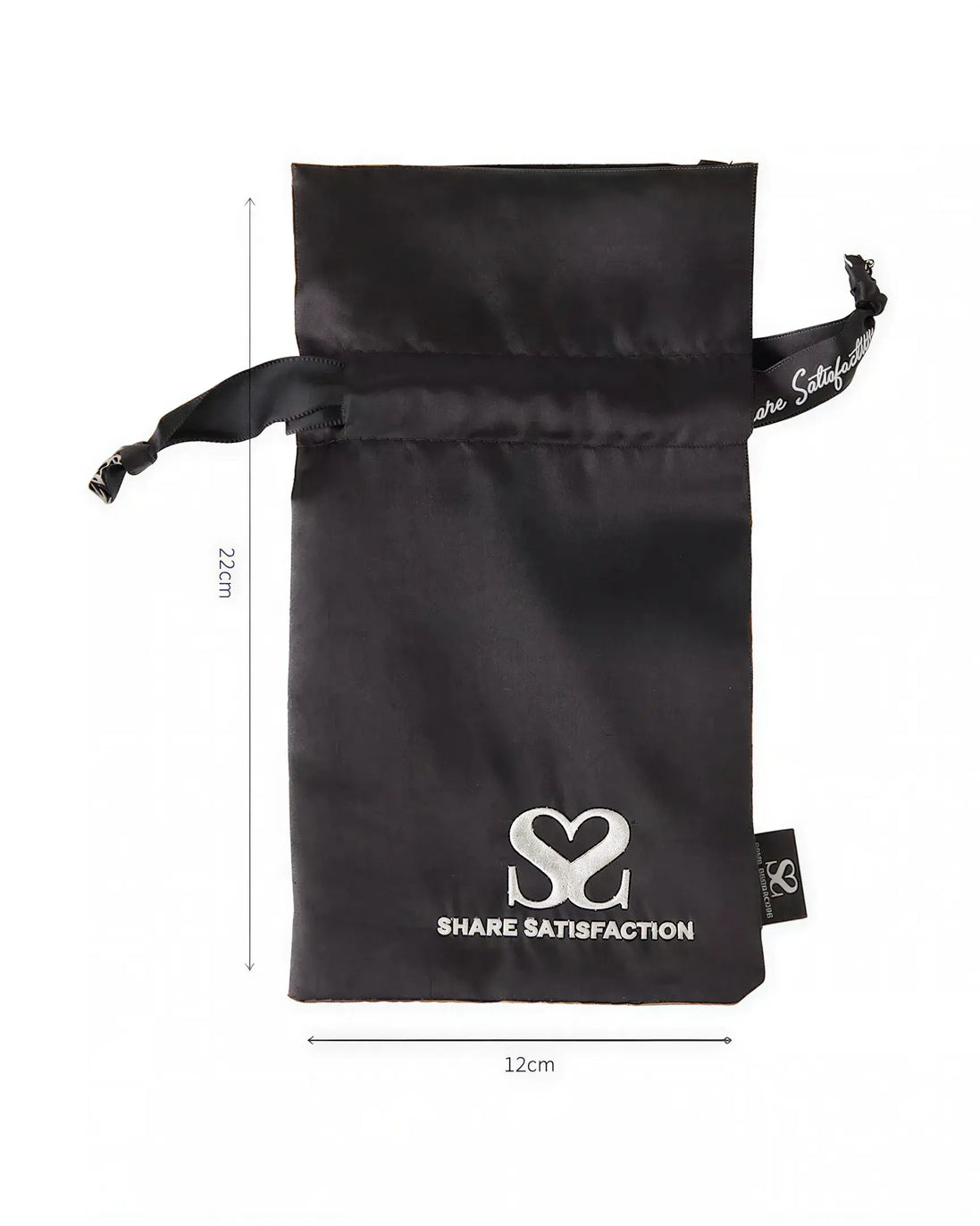 Black satin bag with silver thread logo, featuring a drawstring closure and dimensions of 22cm by 12cm.