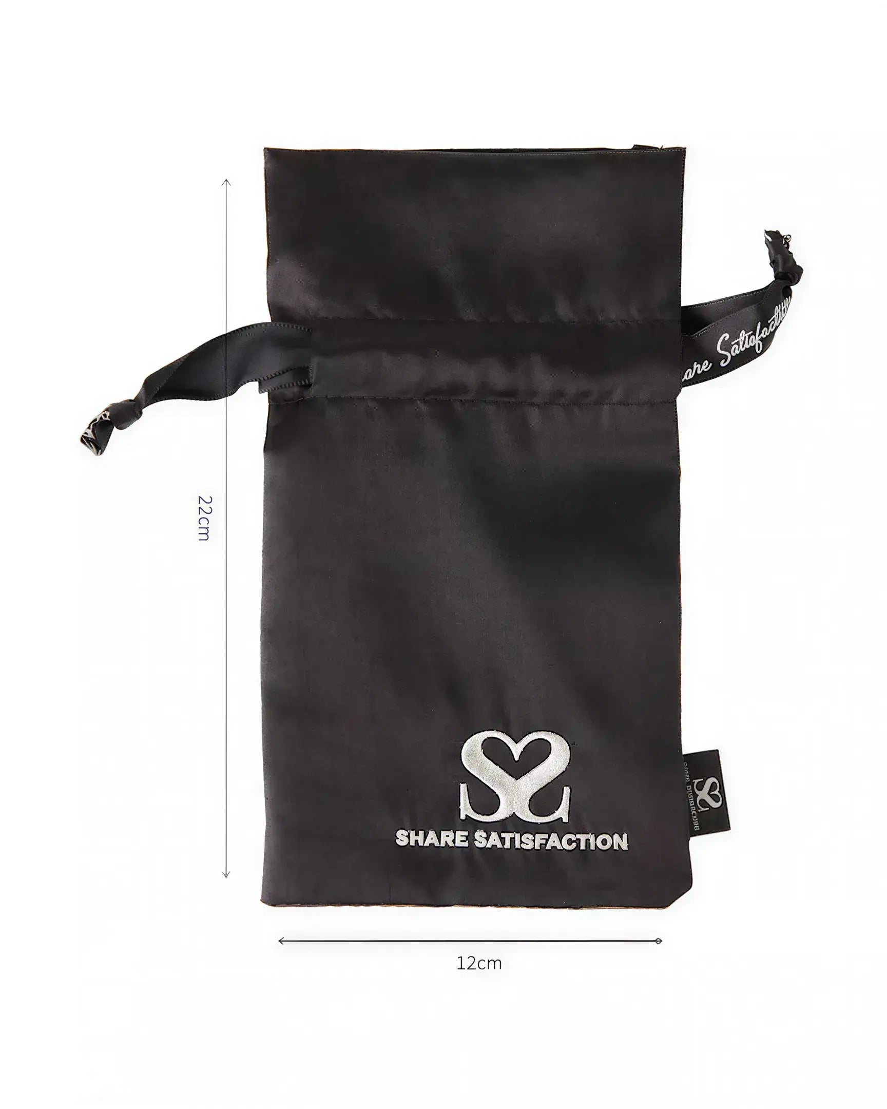 Black satin bag with silver thread logo, featuring a drawstring closure and dimensions of 22cm by 12cm.