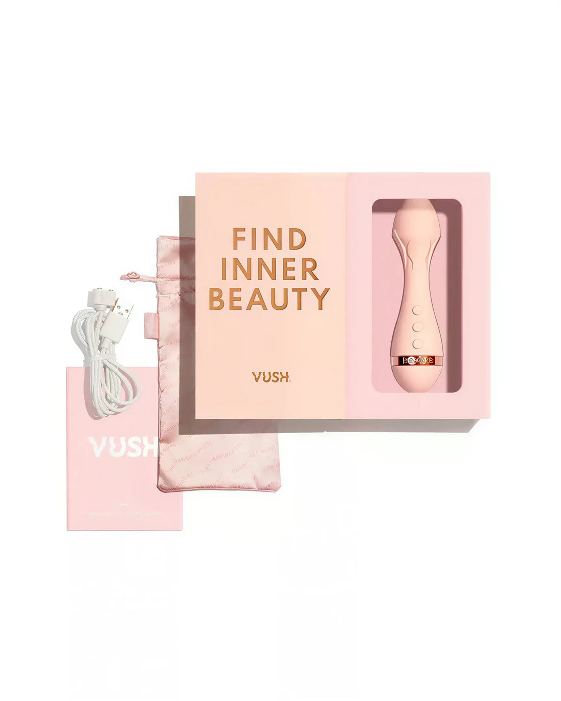 Vush Rose 2 bullet vibrator in a pink box with a charging cable, storage pouch, and instruction booklet.