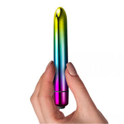 Rocks Off Prism vibrator held in a hand, featuring a gradient metallic finish in green, blue, and purple.