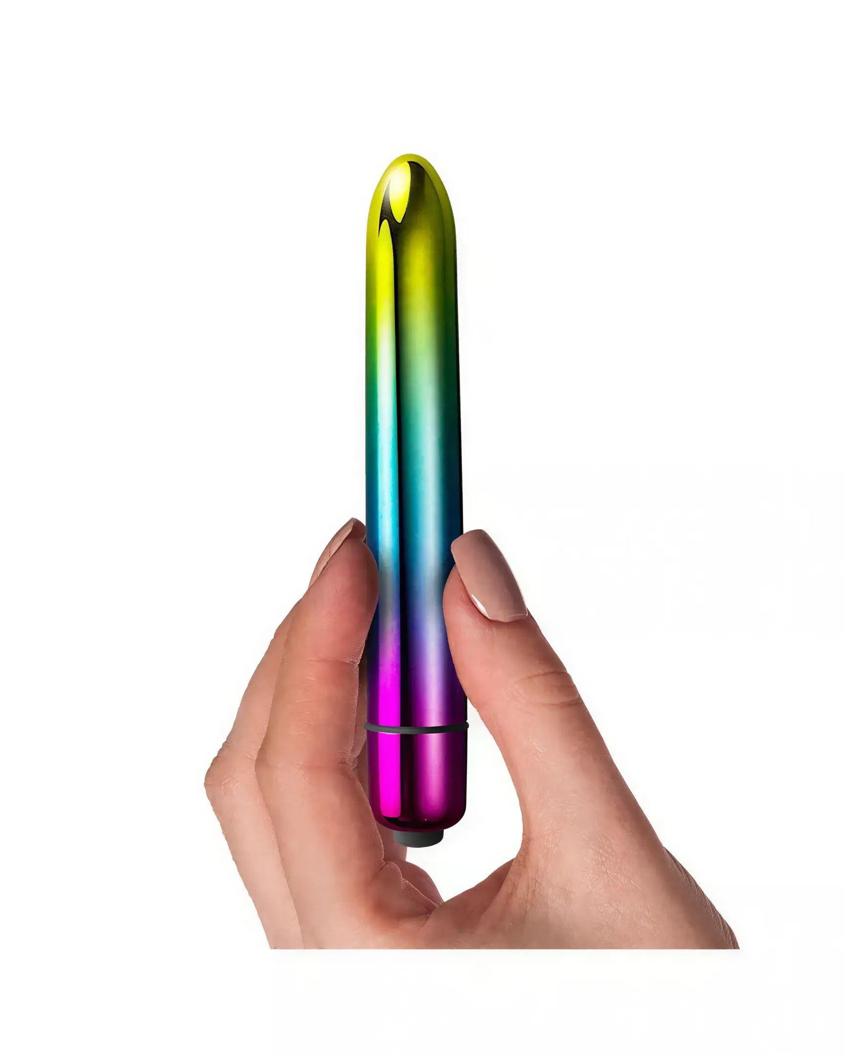 Rocks Off Prism vibrator held in a hand, featuring a gradient metallic finish in green, blue, and purple.