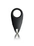 Black vibrating cock ring with textured surface and silver accent, designed for enhanced pleasure.