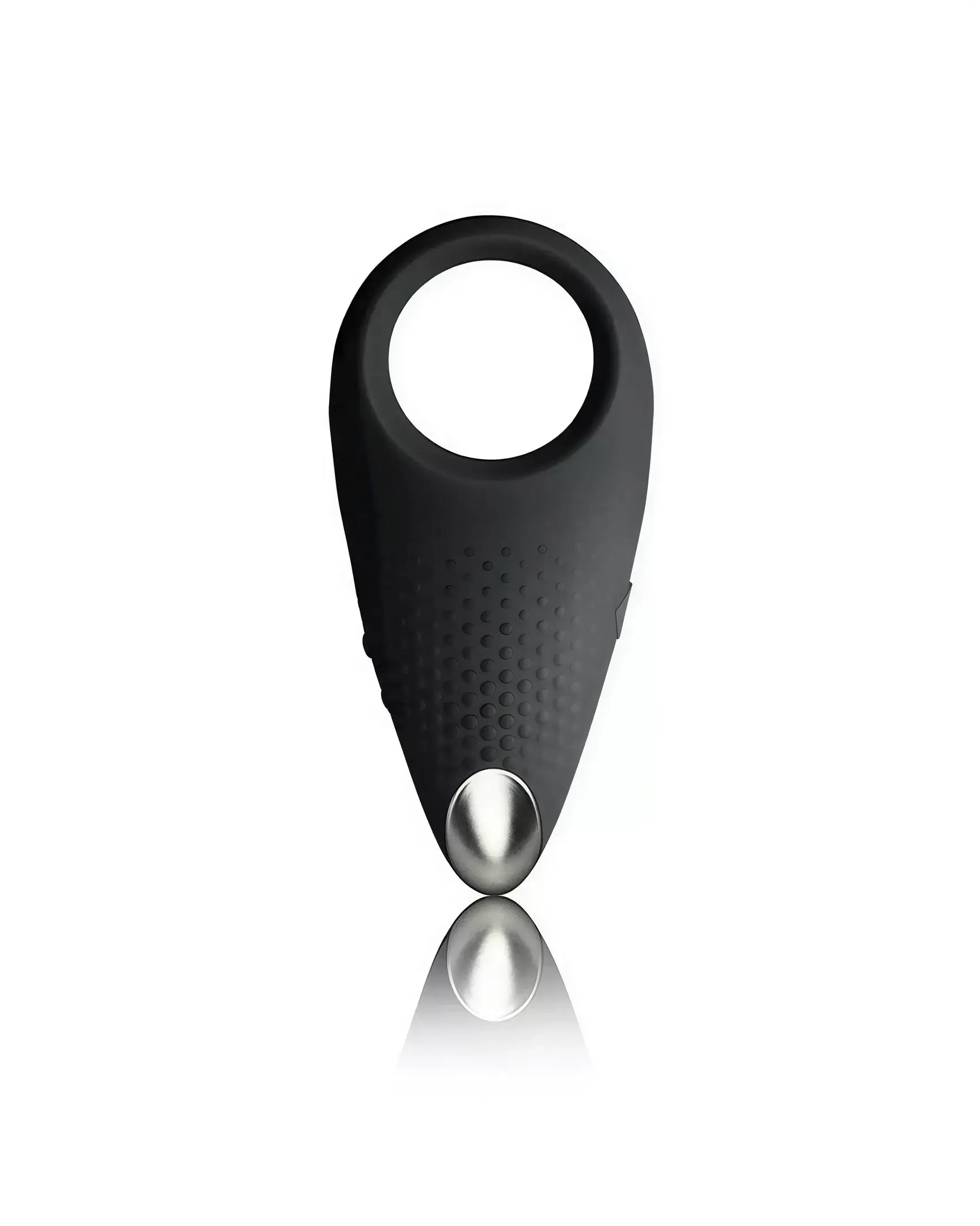 Black vibrating cock ring with textured surface and silver accent, designed for enhanced pleasure.