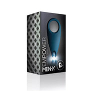 Rocks Off Men-X Empowerer vibrating cock ring in a sleek black and blue packaging with a textured design.