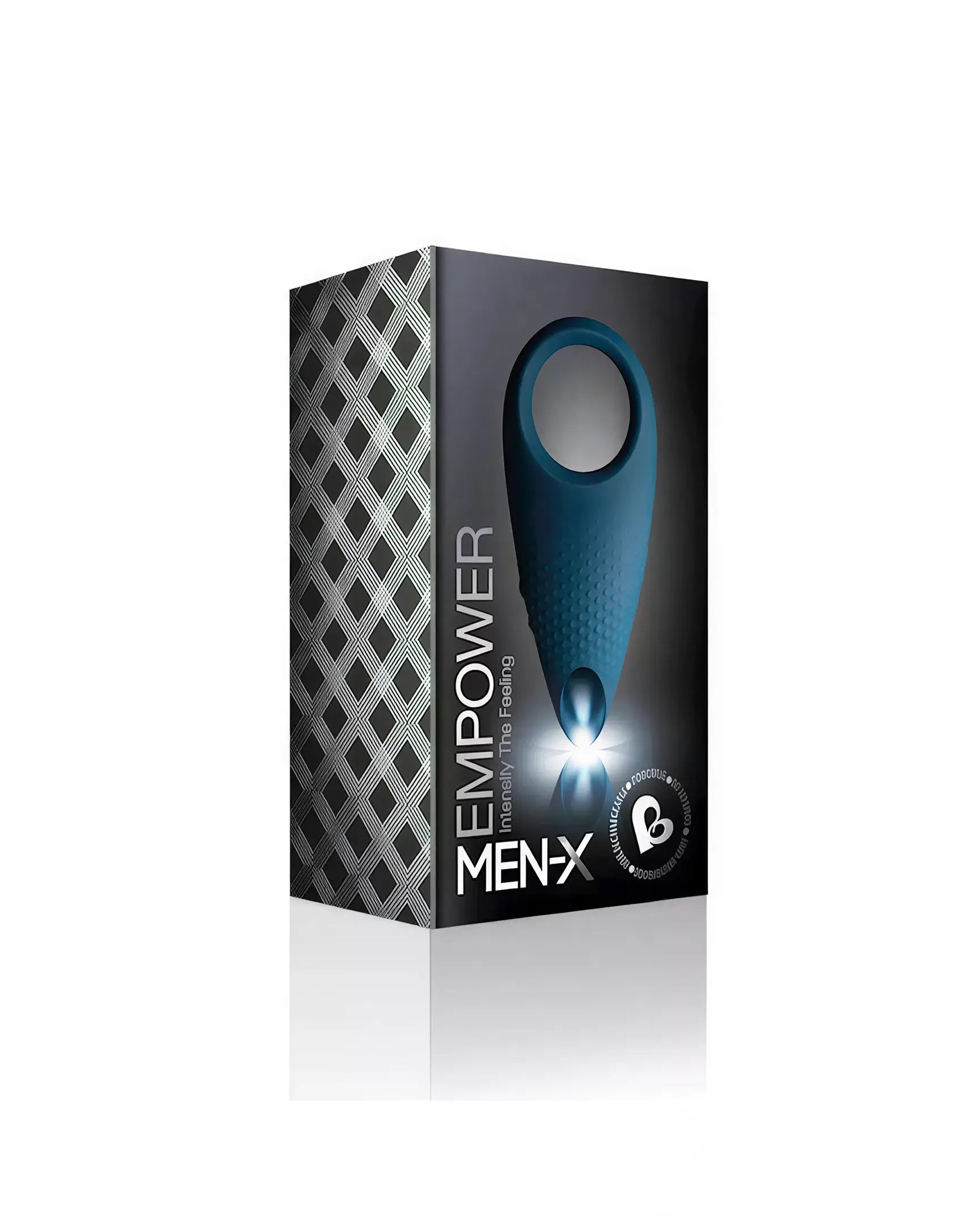 Rocks Off Men-X Empowerer vibrating cock ring in a sleek black and blue packaging with a textured design.