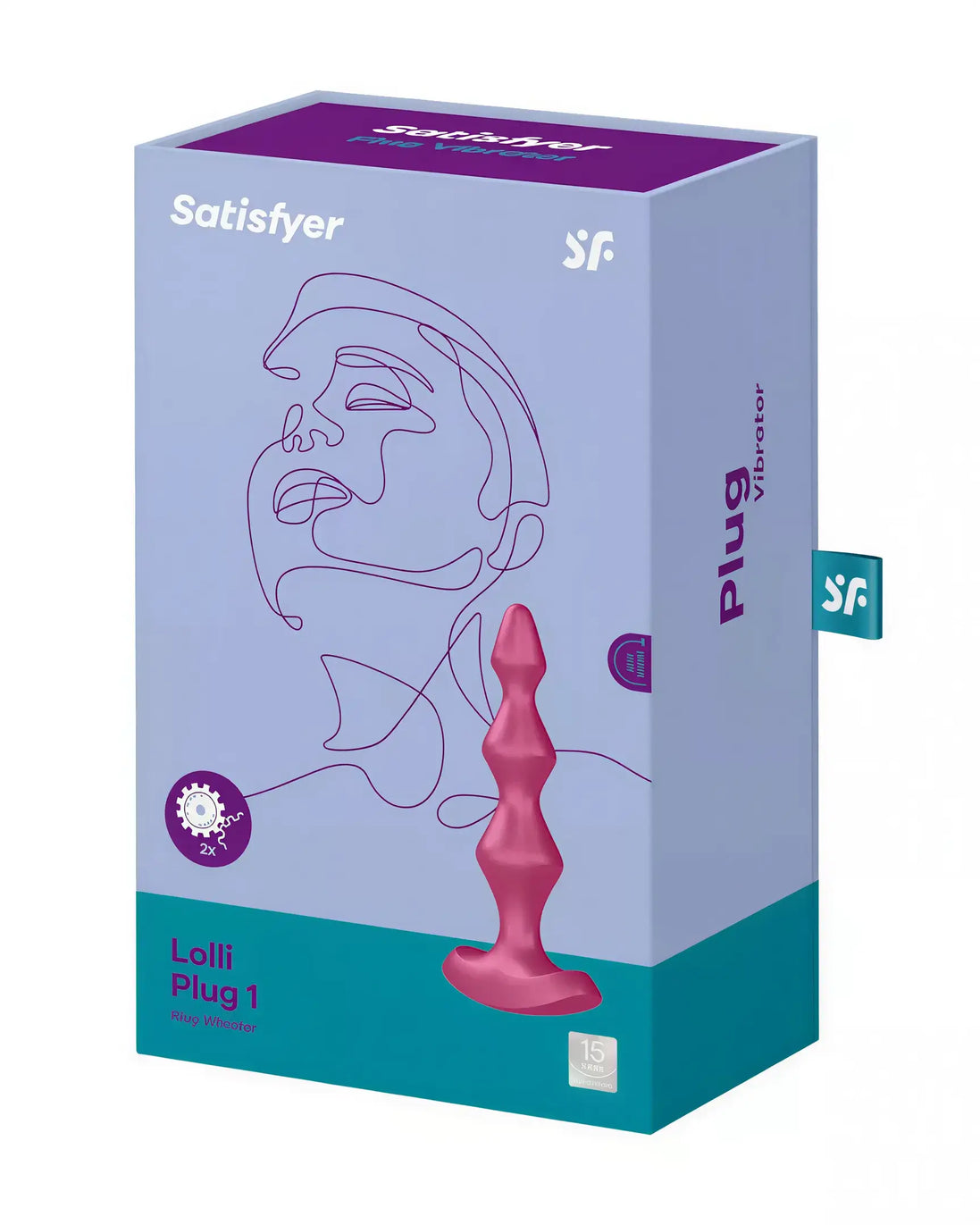 Satisfyer Lollipop Plug Vibrator 1 in pink packaging with abstract line art design and product details on the box.