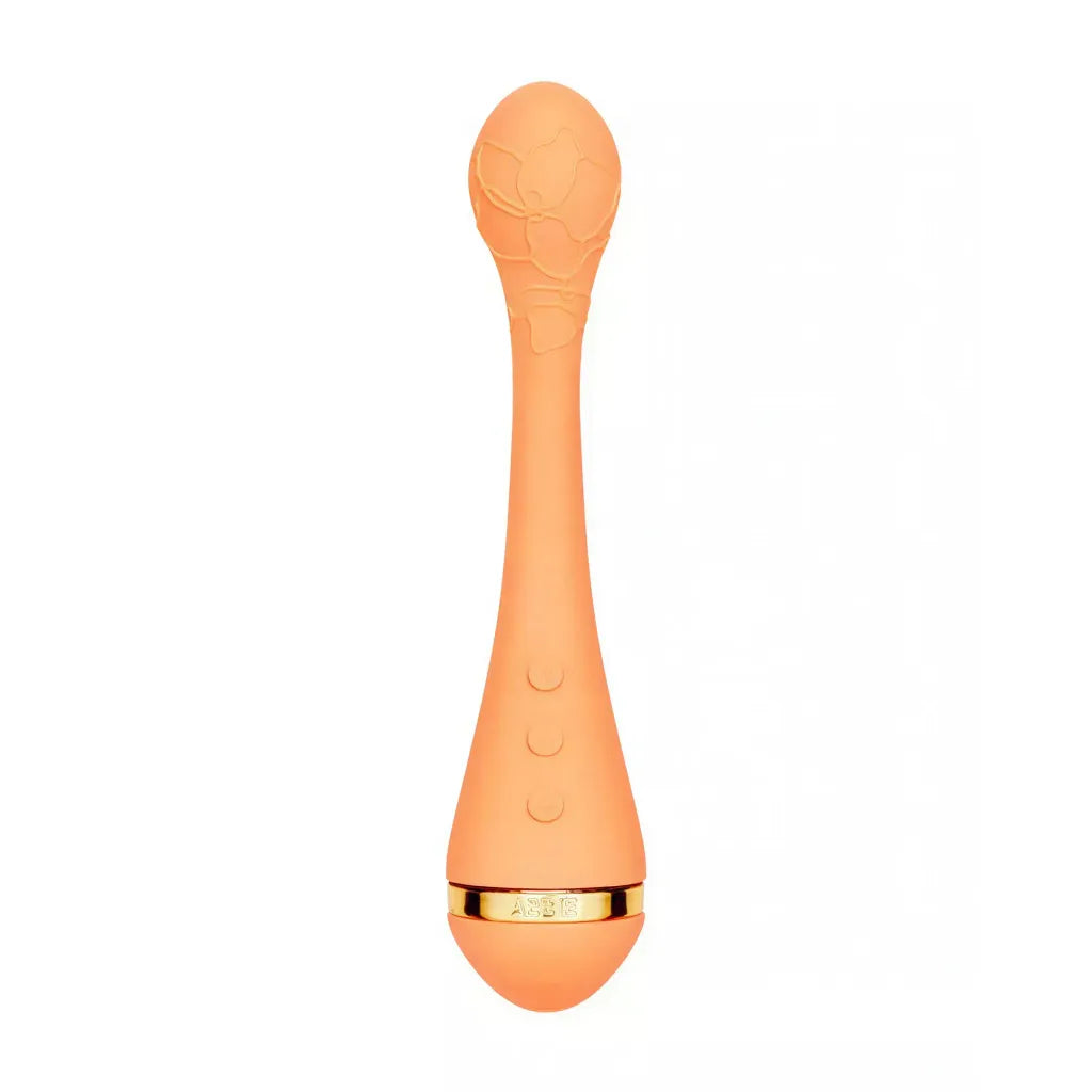 Vush Abbie G-Spot vibrator in soft peach color with floral design and three control buttons on the shaft.