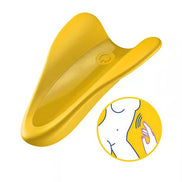 Satisfyer High Fly in bright yellow with a curved design, featuring an illustration of its use on the side.