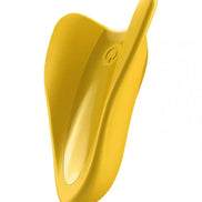 Satisfyer High Fly in bright yellow with a sleek, curved design and a central control button.