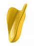 Satisfyer High Fly in bright yellow with a sleek, curved design and a central control button.