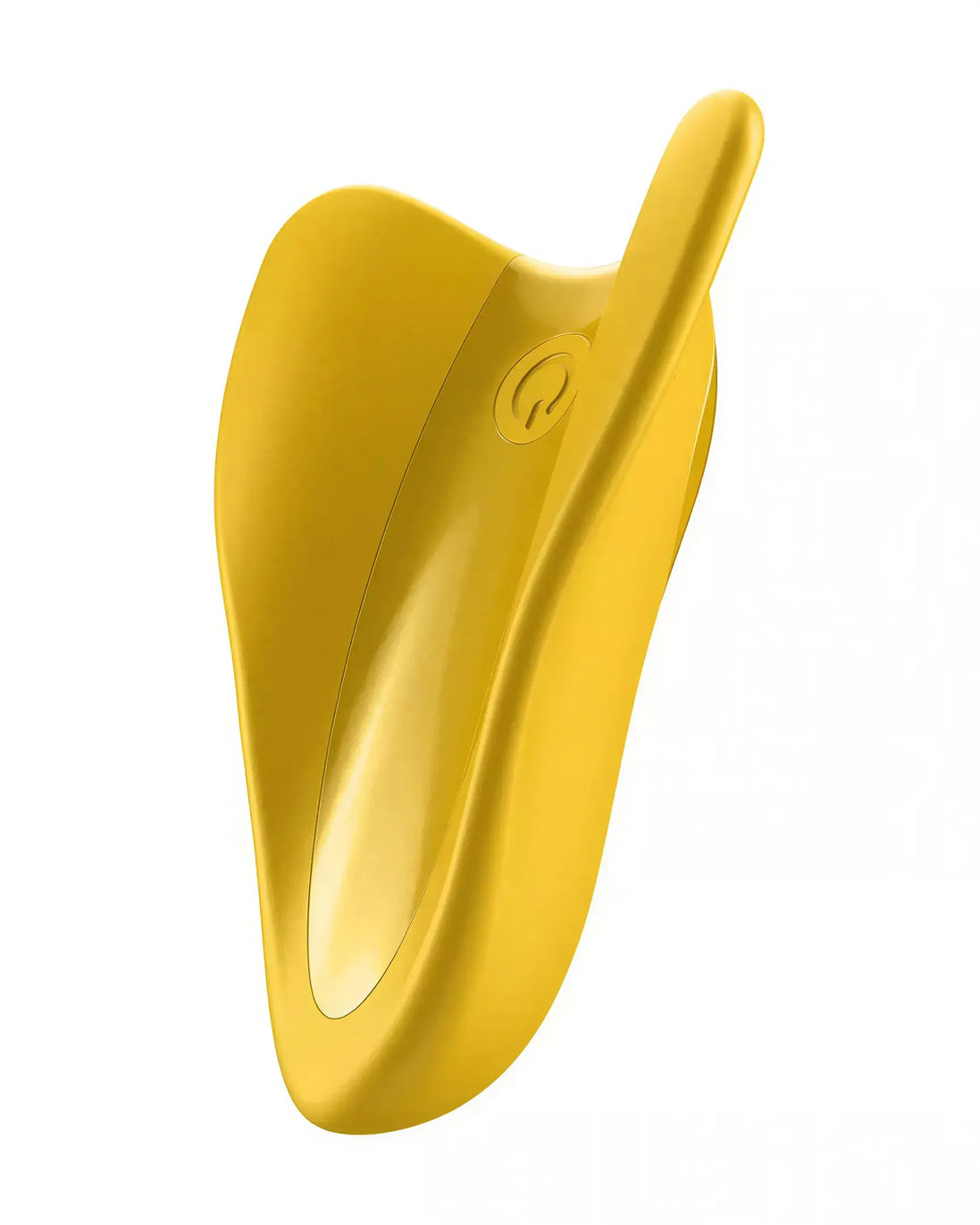Satisfyer High Fly in bright yellow with a sleek, curved design and a central control button.