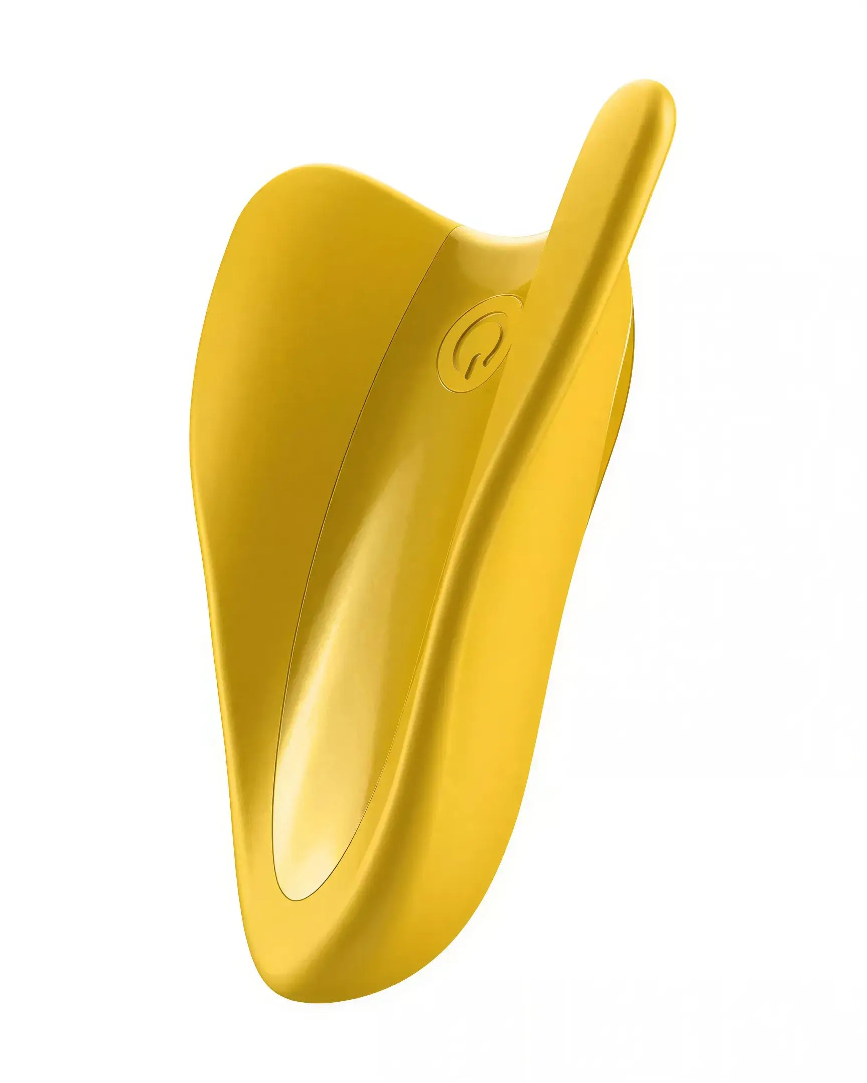 Satisfyer High Fly in bright yellow with a sleek, curved design and a central control button.