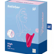 Satisfyer High Fly finger vibrator in a pink color, displayed in a blue box with a graphic illustration of a woman.