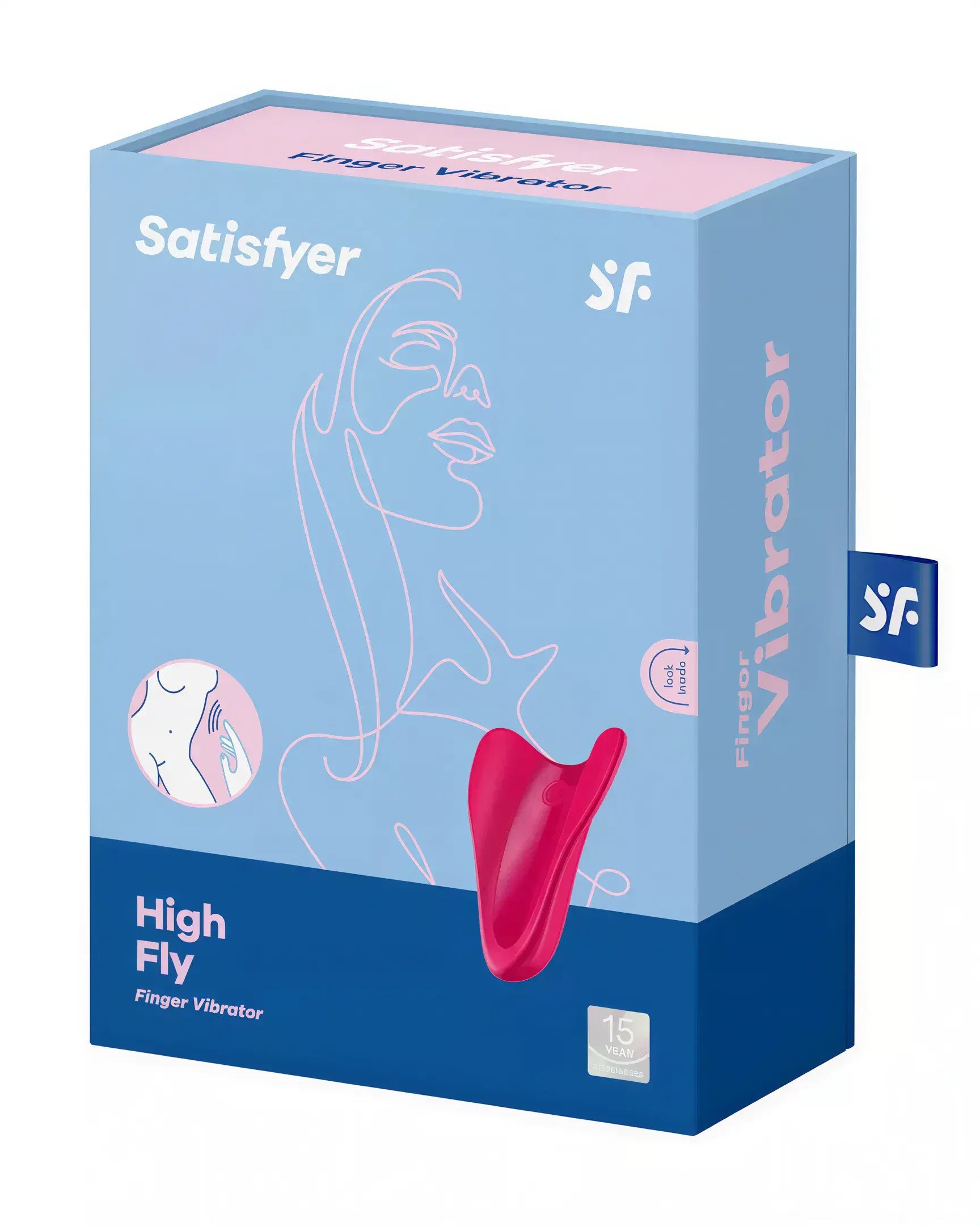 Satisfyer High Fly finger vibrator in a pink color, displayed in a blue box with a graphic illustration of a woman.