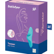 Satisfyer Teaser finger vibrator in a blue and purple box, featuring a minimalist design and line art illustration.