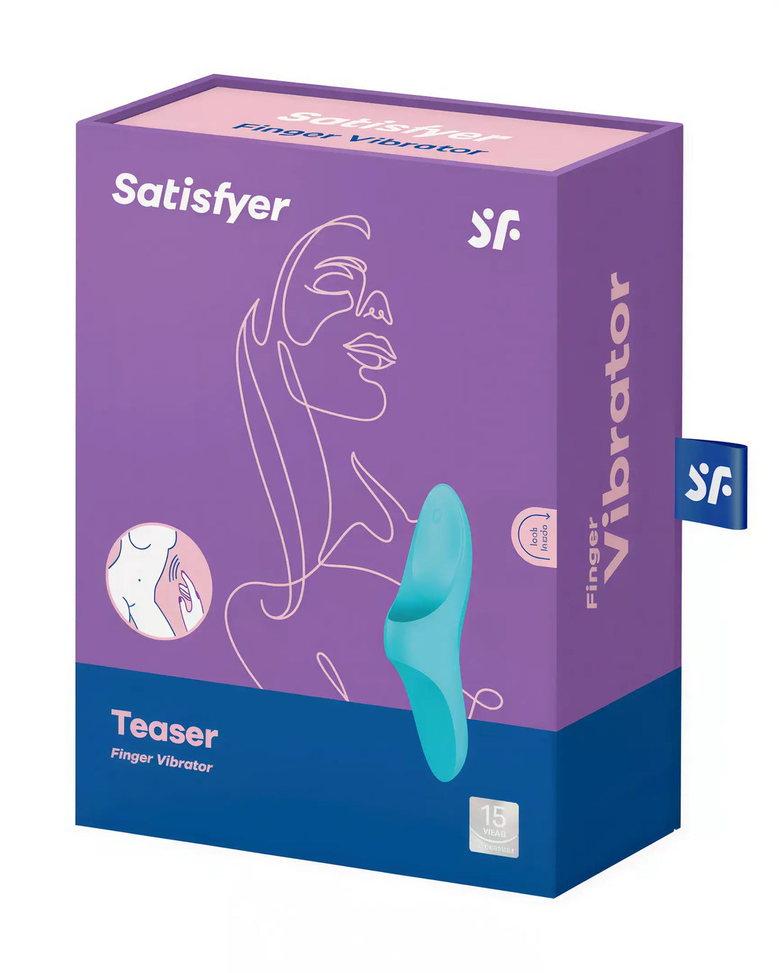Satisfyer Teaser finger vibrator in a blue and purple box, featuring a minimalist design and line art illustration.