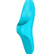 Satisfyer Teaser finger vibrator in bright blue, featuring a curved design for ergonomic use.