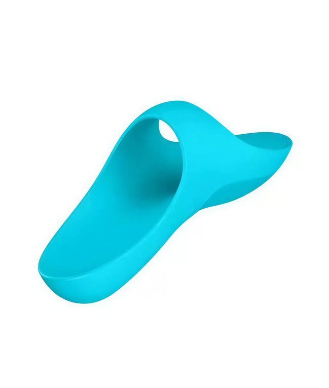 Satisfyer Teaser finger vibrator in bright blue, featuring a sleek, ergonomic design with a curved shape.
