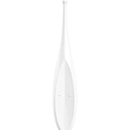 Satisfyer Twirling Fun in white, featuring a sleek design with a pointed tip and control buttons on the front.