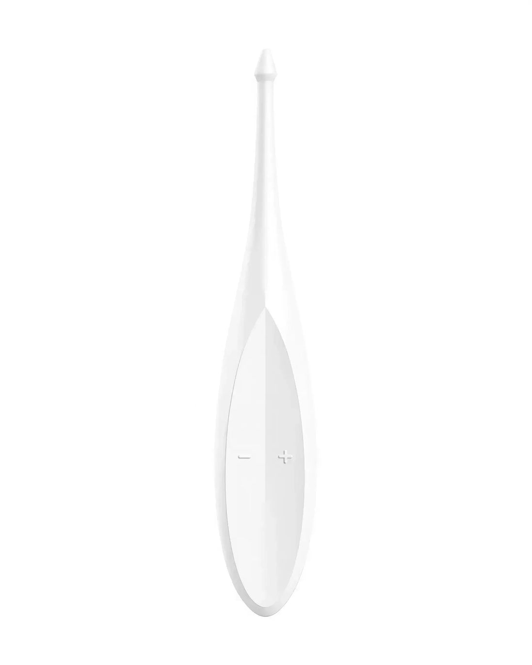 Satisfyer Twirling Fun in white, featuring a sleek design with a pointed tip and control buttons on the front.