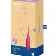 Satisfyer Twirling Fun tip vibrator in pink packaging with a minimalist line drawing of a face on a yellow background.
