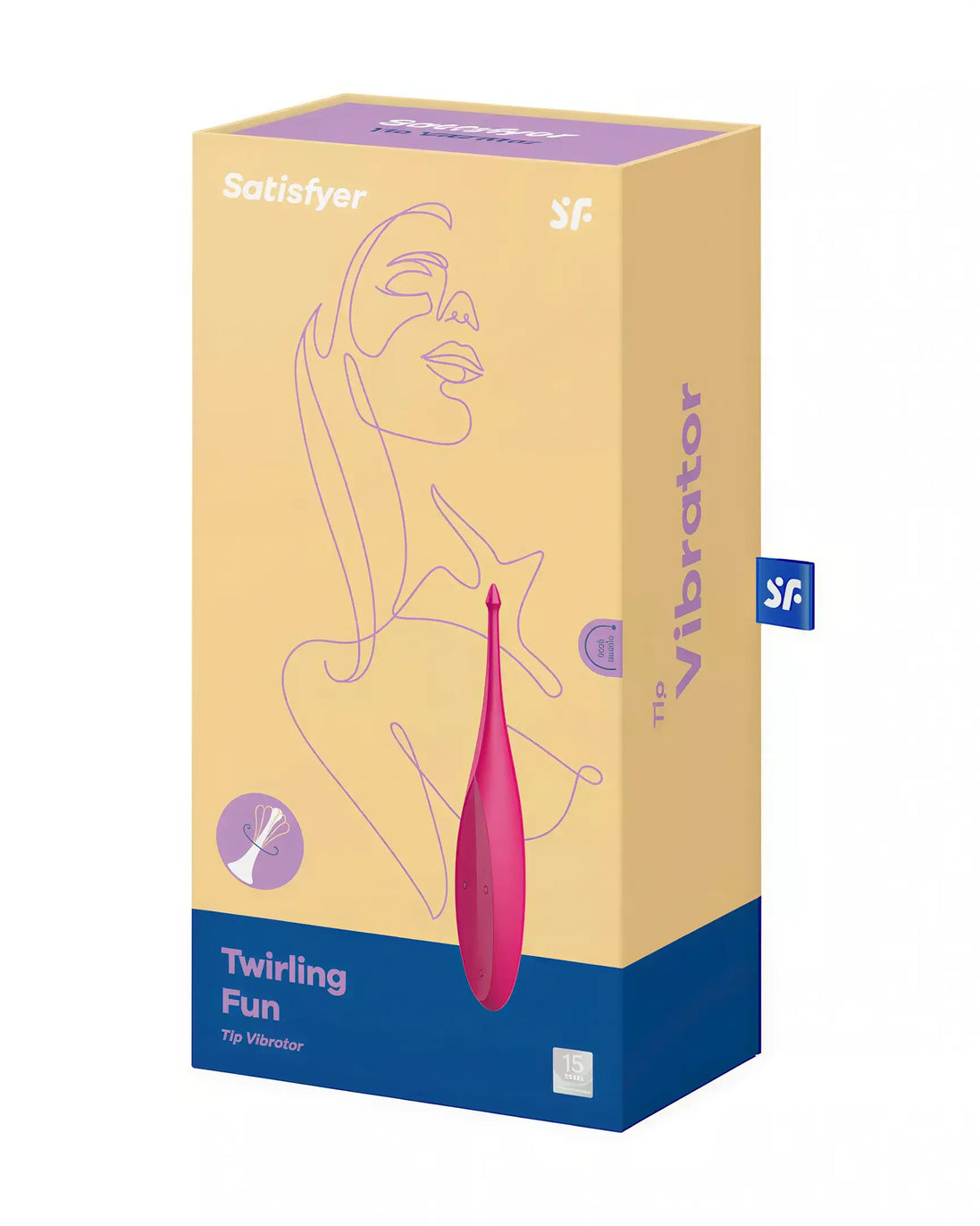 Satisfyer Twirling Fun tip vibrator in pink packaging with a minimalist line drawing of a face on a yellow background.