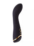 Black mini G-spot vibrator with a curved design and gold accents, positioned upright against a white background.