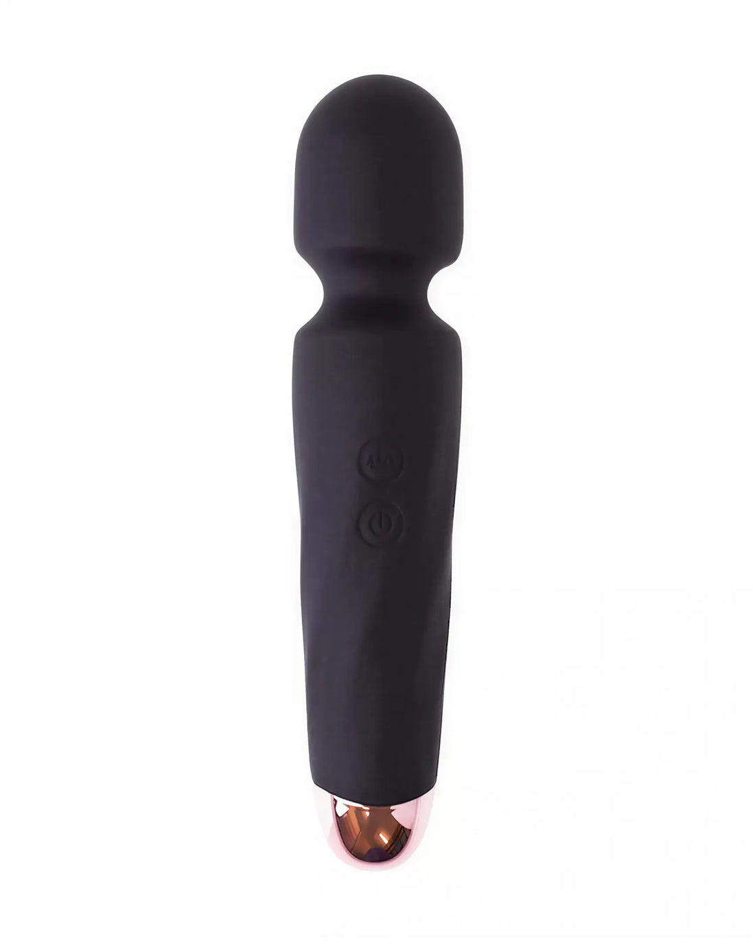 Share Satisfaction Intensions Wand in black silicone with rose gold accents and two control buttons.