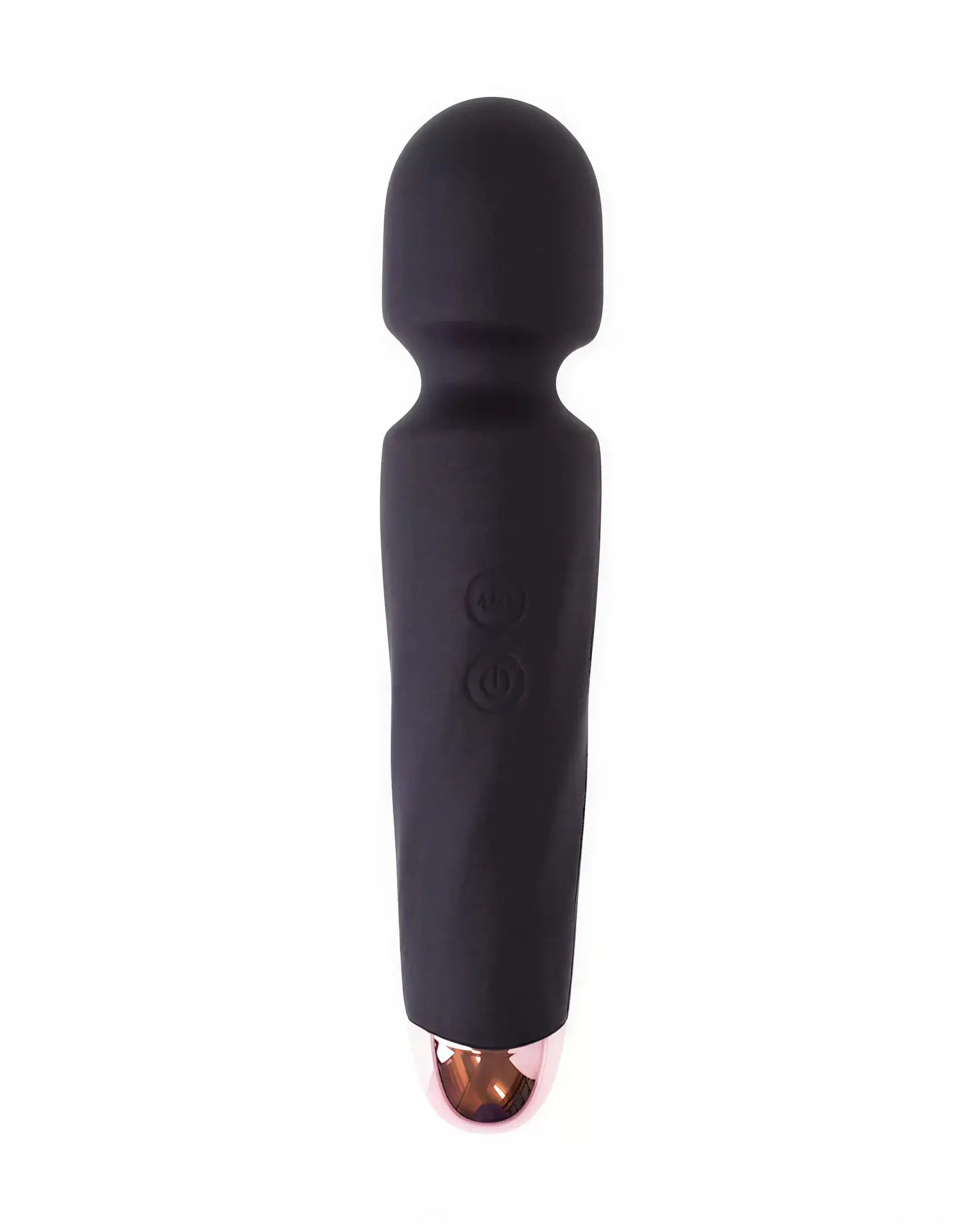 Share Satisfaction Intensions Wand in black silicone with rose gold accents and two control buttons.