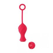 Red silicone Kegel trainer with a circle cord, designed for remote control use, featuring a smooth, rounded shape.