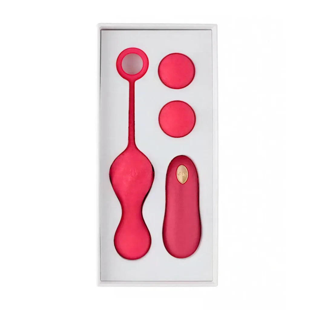 Share Satisfaction Eyden remote controlled Kegel trainer in a white box, featuring a pink trainer and two interchangeable ...