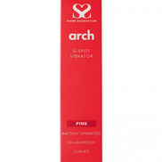 Share Satisfaction Arch G-spot vibrator in pink packaging, featuring battery-operated and splashproof labels.
