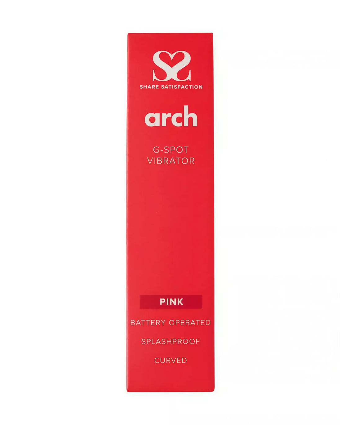 Share Satisfaction Arch G-spot vibrator in pink packaging, featuring battery-operated and splashproof labels.