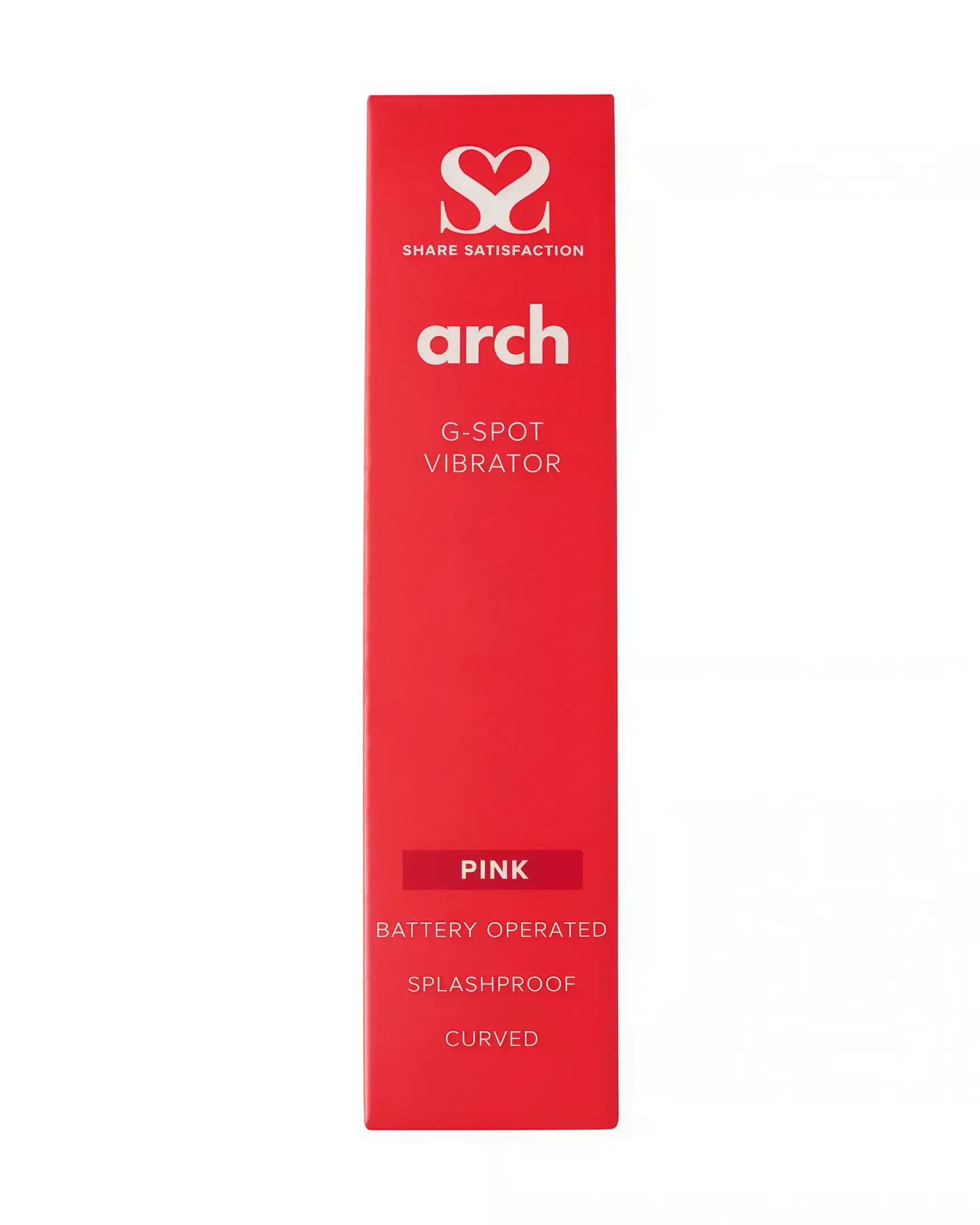 Share Satisfaction Arch G-spot vibrator in pink packaging, featuring battery-operated and splashproof labels.